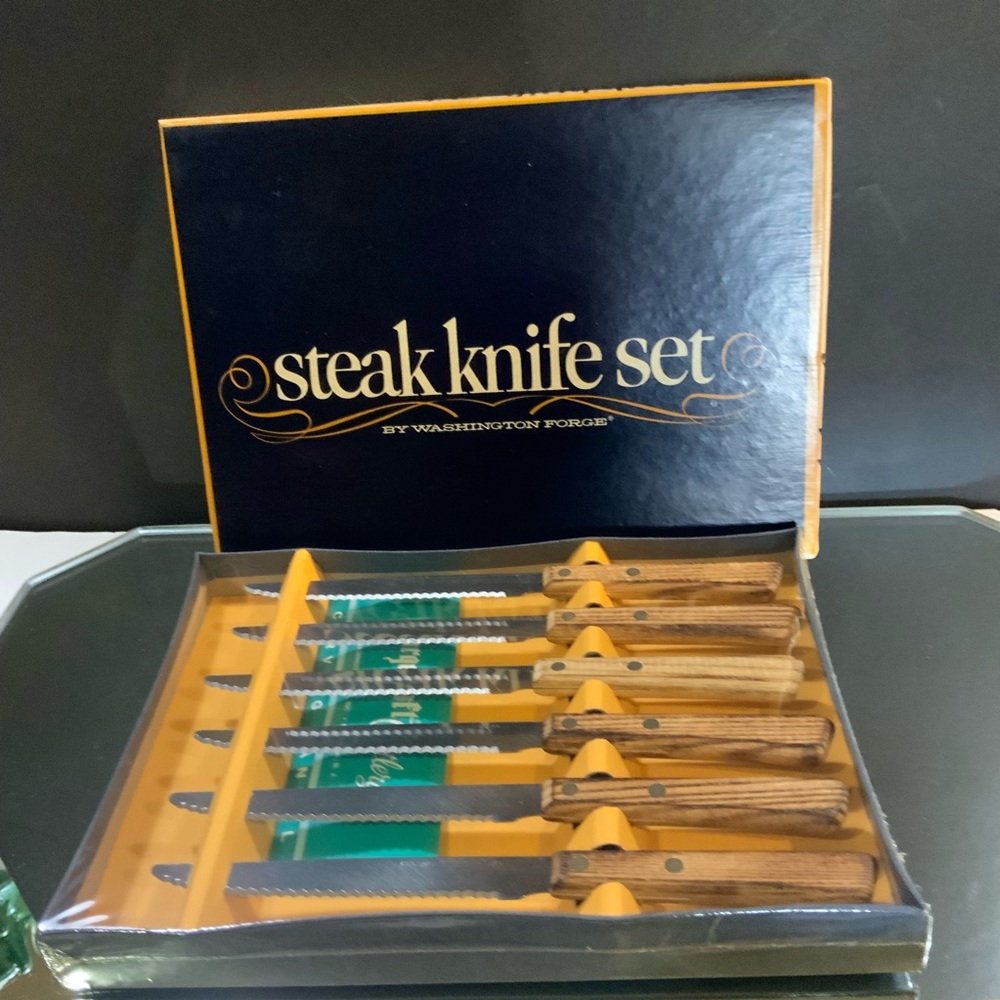 Vintage Washington Forge Steak Knife Set 6 Wooden Handles Stainless Steel #36